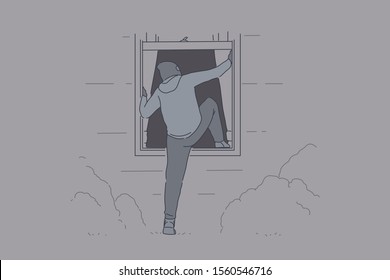 Offense, crime, theft, intruder, robbery concept. Young male burglar enters illegally into someone elses house through a window. Thief tries to steal valuables or money by burglary. Flat simple vector