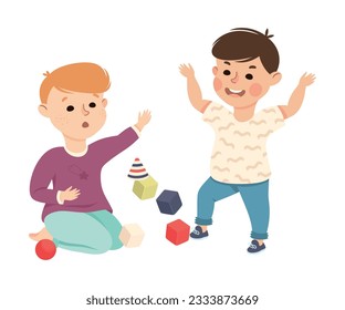 Offensive Boy Bullying and Abusing His Agemate Tossing His Toy Blocks Vector Illustration
