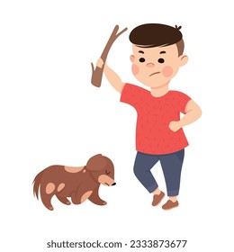 Offensive Boy Bullying and Abusing Puppy Threatening It with Stick Vector Illustration