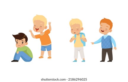 Offensive Boy Bullying and Abusing Sad Agemate Vector Illustration Set