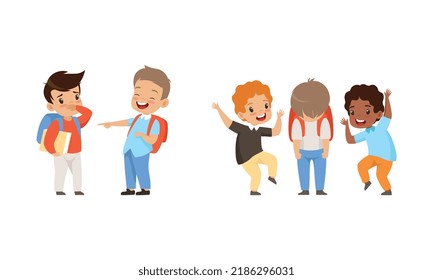 Offensive Boy Bullying and Abusing Sad Agemate Vector Illustration Set