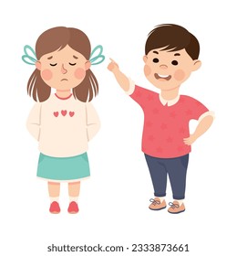 Offensive Boy Bullying and Abusing Unhappy Girl Agemate Pointing Finger and Teasing Her Vector Illustration