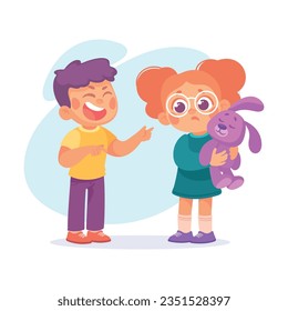 Offensive Boy Bullying and Abusing Unhappy Girl Agemate Teasing Vector Illustration