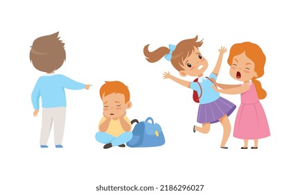 Offensive Boy and Girl Bullying and Abusing Sad Agemate Vector Illustration Set