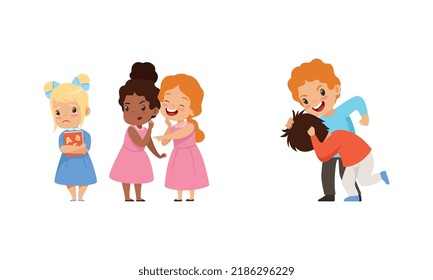 Offensive Boy and Girl Bullying and Abusing Sad Agemate Vector Illustration Set