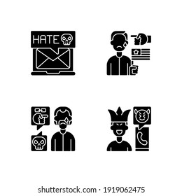 Offensive comments online black glyph icons set on white space. Email cyberbullying. Political discrimination. Racial bullying. Phone call prank. Silhouette symbols. Vector isolated illustration