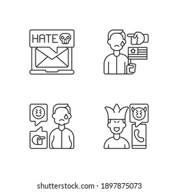 Offensive comments online linear icons set. Email cyberbullying. Political discrimination. Bodyshaming. Customizable thin line contour symbols. Isolated vector outline illustrations. Editable stroke