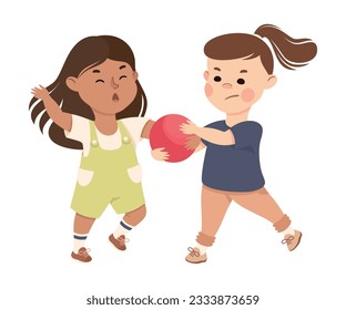Offensive Girl Bullying and Abusing Her Agemate Taking Ball Away Vector Illustration