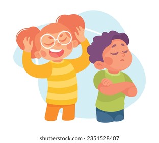 Offensive Girl Bullying and Abusing Unhappy Boy Agemate Teasing Vector Illustration
