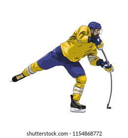 Offensive ice hockey player shooting puck, isolated vector illustration. Winter team sport. Yellow jersey