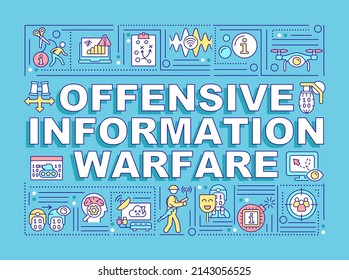 Offensive Information Krieg Wort Konzepte türkis Banner. Infografiken mit Symbolen auf Farbhintergrund. Alleinstehende Typografie. Vektorgrafik mit Text. Arial-Black-Schriftart verwendet