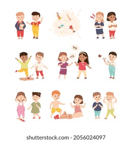 Offensive Kids Bullying and Abusing the Weak Agemate Teasing and Laughing at Them Vector Set