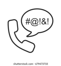 Offensive phone talk linear icon. Thin line illustration. Handset with censored swearing words inside chat bubble. Cursing contour symbol. Vector isolated outline drawing