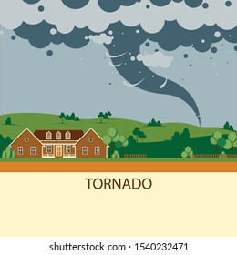 Offensive tornado. Natural disaster or cataclysm. Twisting a tornado or storm. Natural disasters, cataclysms. Hurricane in the box drawing for children. Illustrations for posters, sites, textbooks.