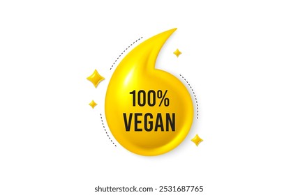 Ofrecer Anuncio de cotización 3D. Etiqueta 100 por ciento vegana. Signo de bio alimentos orgánicos. Símbolo de producto vegetariano. Mensaje de cita de comida vegana. Anuncio de coma de comillas de comillas amarillas. Vector