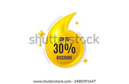 Offer 3d quotation banner. Up to 30 percent discount. Sale offer price sign. Special offer symbol. Save 30 percentages. Discount tag quote message. Yellow quotation comma banner. Vector
