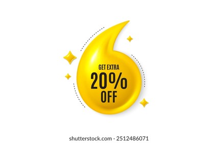 Offer 3d quotation banner. Get Extra 20 percent off Sale. Discount offer price sign. Special offer symbol. Save 20 percentages. Extra discount quote message. Yellow quotation comma banner. Vector