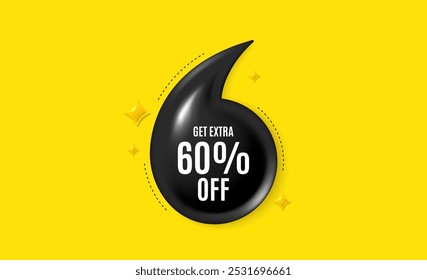 Banner da cotação 3d da oferta. Obtenha 60% extra de desconto. Sinal de preço de oferta de desconto. Símbolo de oferta especial. Economize 60%. Mensagem de cotação de desconto adicional. Banner amarelo vírgula de cotação. Vetor