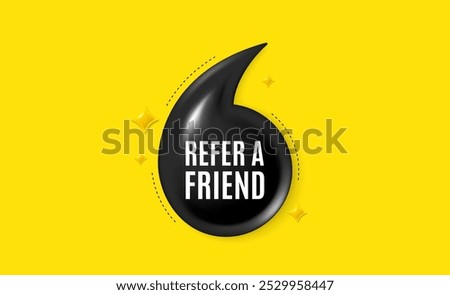 Offer 3d quotation banner. Refer a friend tag. Referral program sign. Advertising reference symbol. Refer friend quote message. Quotation comma yellow banner. Vector