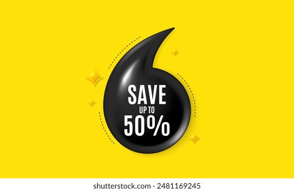 Offer 3d quotation banner. Save up to 50 percent tag. Discount Sale offer price sign. Special offer symbol. Discount quote message. Quotation comma yellow banner. Vector