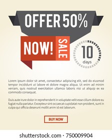 Offer 50% now sale, 10 days, web page with colorful ribbons and headlines written on them, information below and red button vector illustration