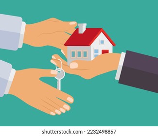 Offer to exchange between agent and user. Human hands holding House and Key and Other hands taking house. Flat vector illustration.