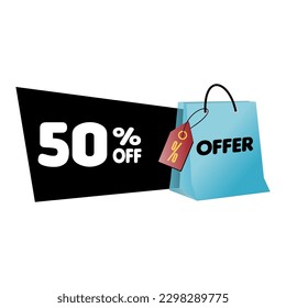 Offer Banner 50% off for web or social media. With blue 3D bag and discount tag. Discount announcement. sale tag