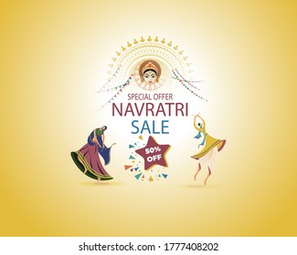 offer banner for Indian festival inveterate means navratein with man and woman performing Dandia dance in beautiful night backdrop