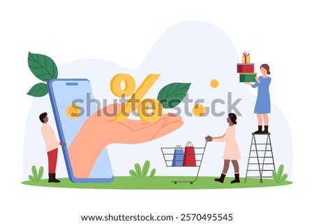 Offer of bonus and discount in retail store, loyalty program. Big hand giving percentage sign to tiny customers, people holding shopping cart for purchases and gift boxes cartoon vector illustration