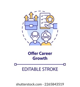 Offer career growth concept icon. Tip for younger managers with older employees abstract idea thin line illustration. Isolated outline drawing. Editable stroke. Arial, Myriad Pro-Bold fonts used