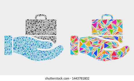Offer case collage icon of triangle elements which have variable sizes and shapes and colors. Geometric abstract vector illustration of offer case.