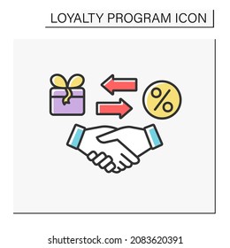 Offer color icon. Deal between brand and customer. Handshake. Present box and discount for customers. Attracting new clients.Shopping concept. Isolated vector illustration