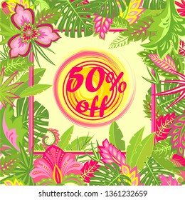 Offer colorful label for hot summer sale with tropical leaves, sun and exotic flowers