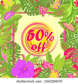 Offer colorful label for hot summer sale with tropical and exotic leaves, sun and hibiscus