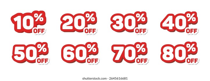 Offer discount label icon set red and whit. Sale off percent, discount special offer price promotion tag, discount from 10 to 80 percent vector isolated on transparent background. Vector illustration.