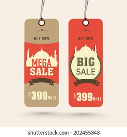 Offer and discount sale tags in brown and orange color for the festival of Eid Mubarak. 
