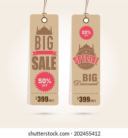 Offer and discount sale tags in brown color for the festival of Eid Mubarak. 