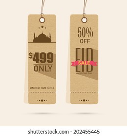 Offer and discount sale tags in brown color for the festival of Eid Mubarak. 