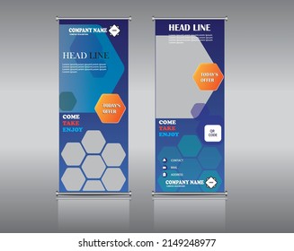 offer displaying trendy rollup banner in blue colur background.simple and trendy poligon shaped banner illustration.Standee Design. Banner Template