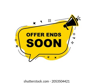 Offer ends soon. Megaphone yellow vector banner. Special offer price sign. Advertising discounts symbol. Thought speech bubble with quotes. Offer ends soon chat think megaphone message. Vector