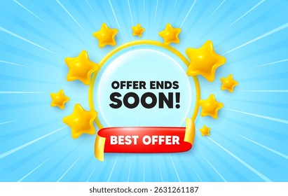 Offer ends soon sunburst ray banner. Best offer flag ribbon. Offer ends soon tag. Special price sign. Advertising discounts symbol. 3d stars glitter. Red ribbon tag. Discount offer. Vector