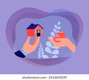 Offer to exchange house for cash money between agent and user. Human hands holding dollar coins and home property flat vector illustration. Real estate mortgage, rent, apartment sale concept