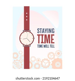 Ofrecer diseño de volante con relojes de ilustración vectorial. Paisaje urbano o paisajístico sobre fondo y texto. Concepto de gestión del tiempo. Plantilla para cartel de promoción, etiqueta publicitaria o etiqueta adhesiva