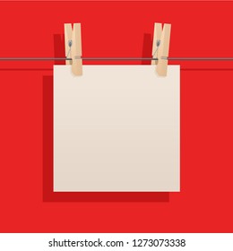 Offer or greeting card template - note paper hanging on clothes pins on red background - vector illustration for text message 