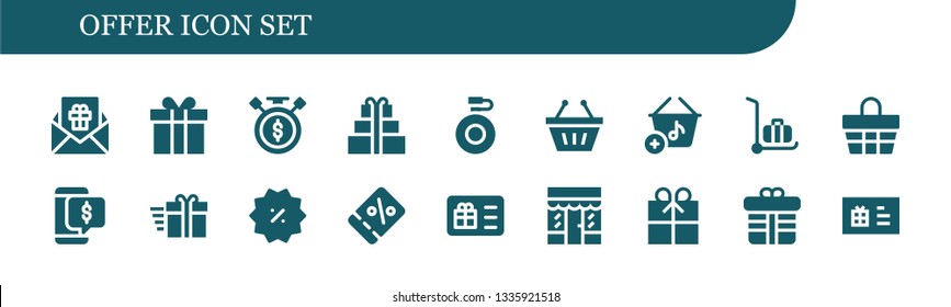 offer icon set. 18 filled offer icons.  Collection Of - Gift, Sale time, Canteen, Shopping basket, Basket, Delivery cart, Discount, Coupon, Gift card, Grocery