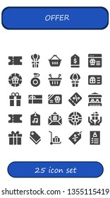 offer icon set. 25 filled offer icons.  Simple modern icons about  - Coupon, Gift, Shopping basket, Tag, Canteen, Basket, Gift card, Grocery, Label, Delivery cart, Register