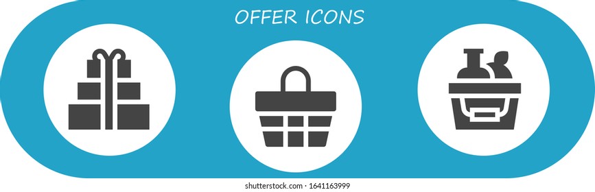 offer icon set. 3 filled offer icons. Included Gift, Basket, Shopping basket icons