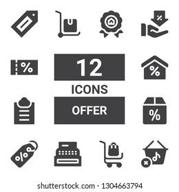 offer icon set. Collection of 12 filled offer icons included Shopping basket, Delivery cart, Register, Label, Offer, Guest list, Discount, Voucher, Price