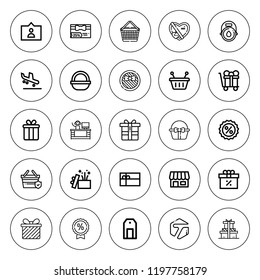 Offer icon set. collection of 25 outline offer icons with arrival, basket, canteen, discount, discounts, gift card, gift, grocery, gifts, label icons. editable icons.