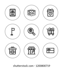 Offer icon set. collection of 9 outline offer icons with corner, gift card, gift icons. editable icons.